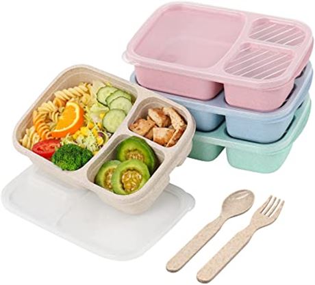 Puikus 4-Pack Bento Lunch Box, 3-Compartment Meal Prep Container