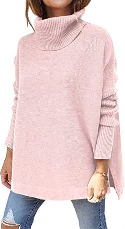 LILLUSORY Women's Turtleneck Long Batwing Sleeve Spilt Hem - Pink Medium