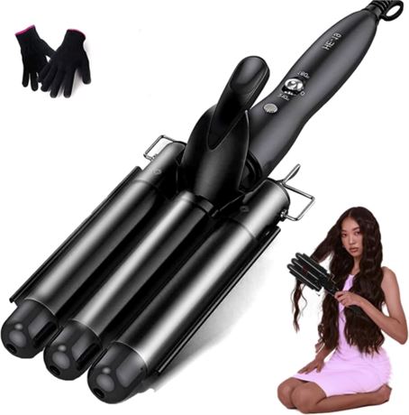 E'Yobe Hair Waver 3-Barrel Curling Iron Wand with gloves.