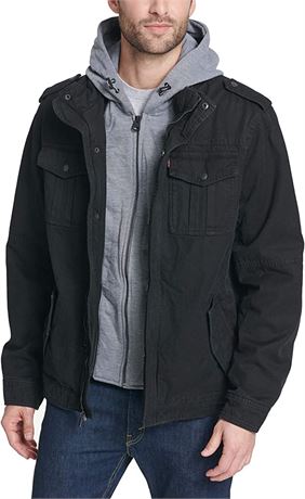 Levi's Men's Washed Cotton Hooded Military Jacket - Medium - Black