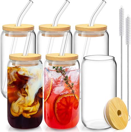 6 Pcs Drinking Glasses with Bamboo Lids and Glass Straw - 16 Oz