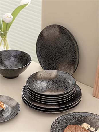 Kanwone Ceramic Dinner Plates - Set of 6, 10 Inch, Black Glazed