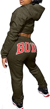 Womens 2Pcs Hooded Crop Top Sweatshirt + Sweatpants, Army Green-XL