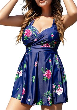 Women's Elegant Crossover One Piece Swimdress Floral Skirted Swimsuit-XL