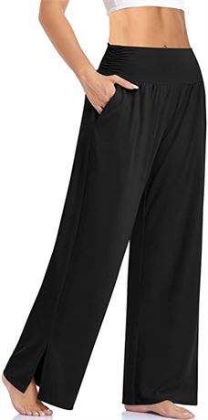 UEU Womens Wide Leg Yoga Stretch Pants, High-Waisted, Black, Small