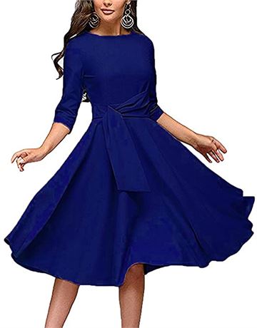 Audrey Hepburn Style Ruched 3/4 Sleeve Dress, Blue, Size-Small