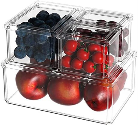 WEJIPP Fridge Organizers Stackable Bins with Lids, Set of 4