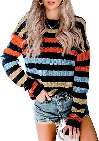 Kirundo Women's Striped Crew Neck Sweater, Rainbow Color, Small