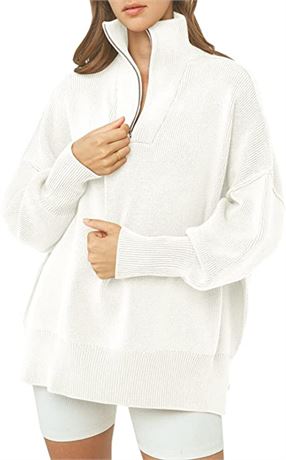 Anrabess Women's Long Sleeve Collar Drop Shoulder Sweater, White