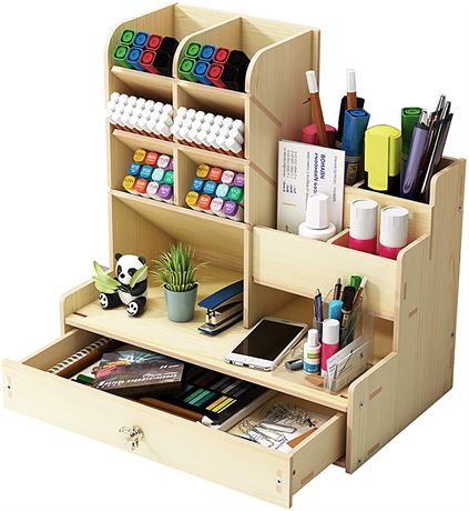 Wooden Desk Organizer with Drawer, DIY Desktop Pen Organizer