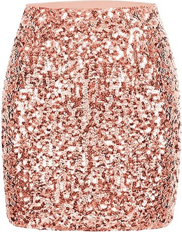 MANER Women's Sequin Mini Skirt Sparkle Stretchy, Rose Pink
