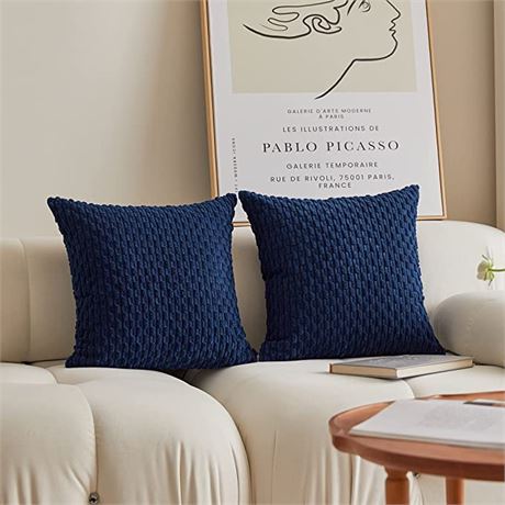 Kevin Textile Pillow Covers Decorative Set of 2 Striped Corduroy Plush- Blue