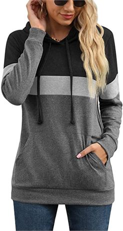 Womens Pullover Sleeve Fall Drawstring Tops With Pocket, Black, Size-XL