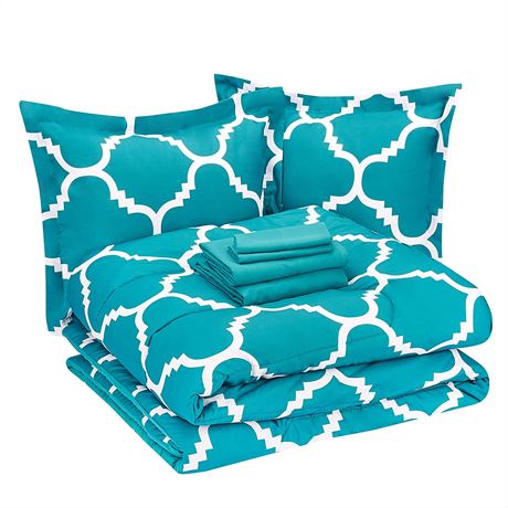Amazon Basics 7pcs Comforter Bedding Set - Full/Queen, Teal Trellis 86x90