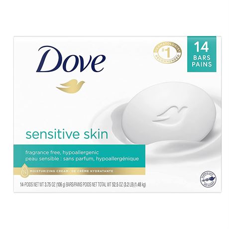 Dove Beauty Bar Moisturizing Soap for Softer Skin Fragrance-Free 14 Bars