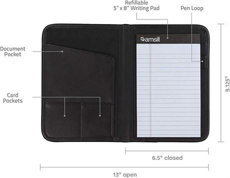 Samsill Mini Professional Padfolio, Black, Includes 5x8 Writing Pad