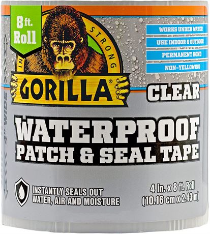 Gorilla Waterproof Patch & Seal Tape, 4" x 8', Clear, (Pack of 1)