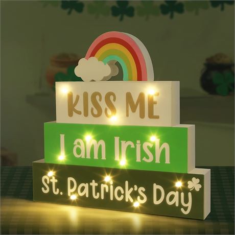 SURCVIO St Patricks Day Decorations Wooden Block Sign with Led Lights