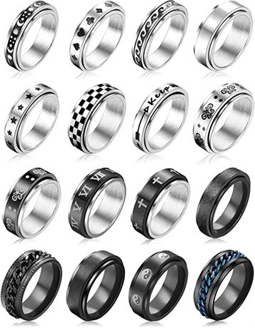 16 Pcs Stainless Steel Fidget Rings Size 9