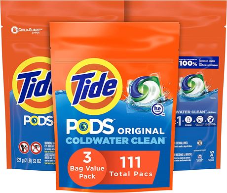 Tide Pods Laundry Detergent Soap Pods, 3 Bag Value Pack, 37 Count