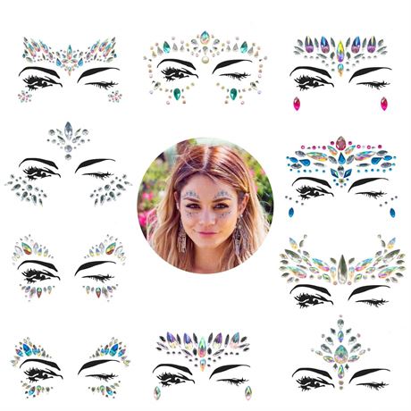 Face Gems, 10 Sets Mermaid Face Jewels Temporary Stickers