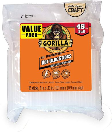 Gorilla Hot Glue Sticks, Full Size, 4" Long x .43" Diameter, 45 Count