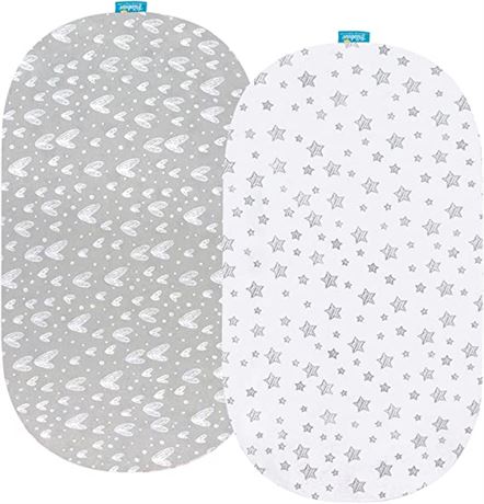 Biloban 100% Cotton Bassinet Fitted Sheets, Hearts/Stars, Gray