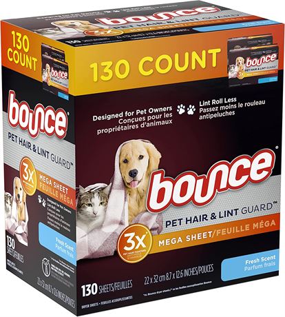 Bounce Pet Hair and Lint Guard Dryer Sheets, Fresh Scent, 130cnt (65sheets/box)