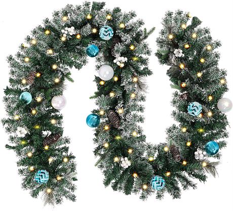 CEWOR 9ft Christmas Snow Flocked Artificial Garland w/Blue White Balls