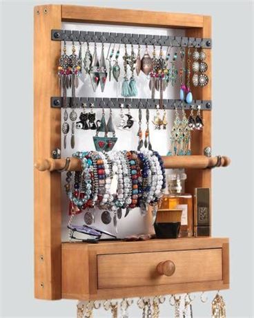 Hanging Jewelry Organizer Wall Mounted - Rustic Wood