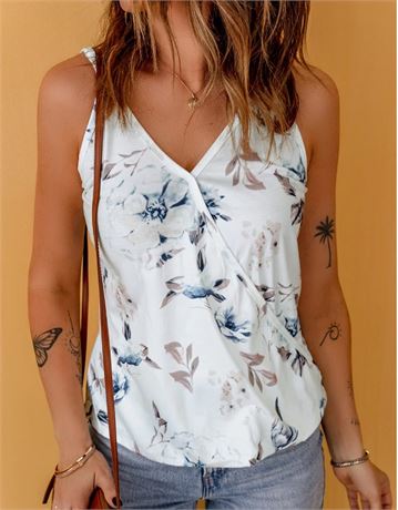 Floral Printed V-Neck Strap Cami Top - White - Large