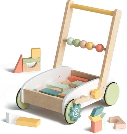 ROBUD Wooden Baby Push Walker with Blocks