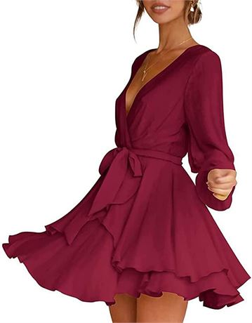 Women Deep V Neck Long Sleeve Tiered Ruffle Hem Mini Dress - 2XL