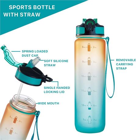 EYQ 32 oz Water Bottle with Time Marker, Carry Strap