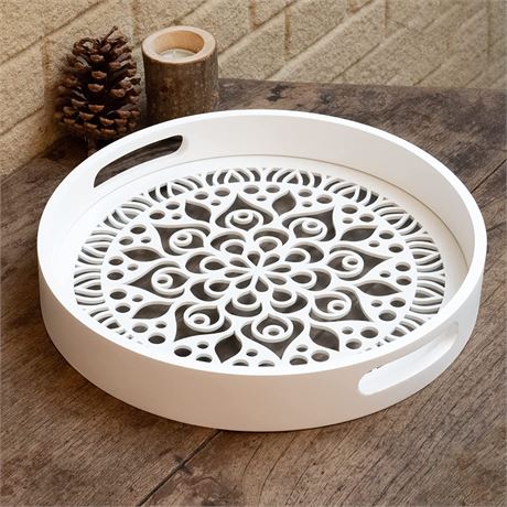 LINKOVE 12" Decorative Tray, Round Wood - White