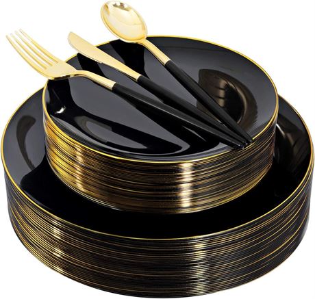 Dinnerware for Parties, Black with Gold Trim - 150 Pcs Set