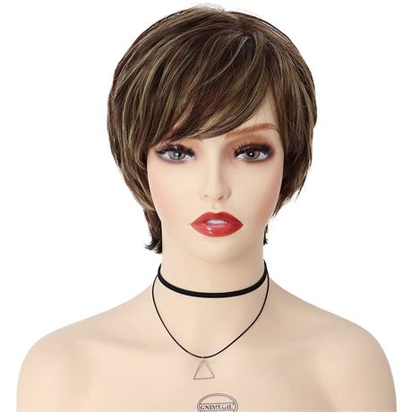 GNIMEGIL Short Wigs Brown Wig Pixie Cut with Bangs Highlights