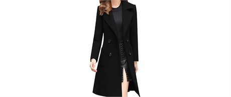 ChouYatou Women's Notched Collar Double Breasted Over Coat-Black-XL