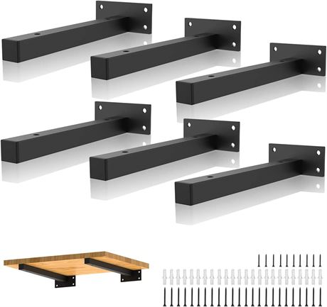 Floating Shelf Brackets 10 Inch, Heavy Duty Black Industrial Pipe Brackets 6pack