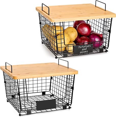 2 Set Stackable Kitchen Counter Basket with Bamboo Top - Pantry Organization