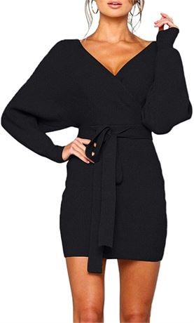 Women's Sweater Dress V Neck Long Sleeve Backless Mini Dress Small