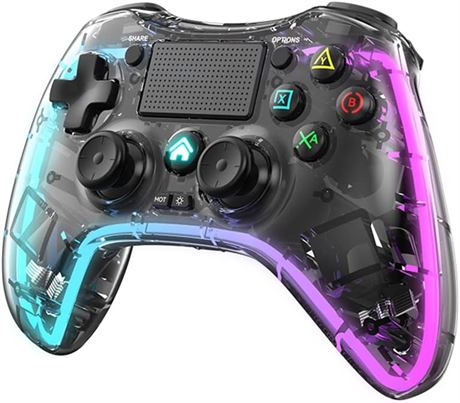 ROTOMOON Clear Wireless Controller with 8 Color Adjustable LED Lighting PS4/PC