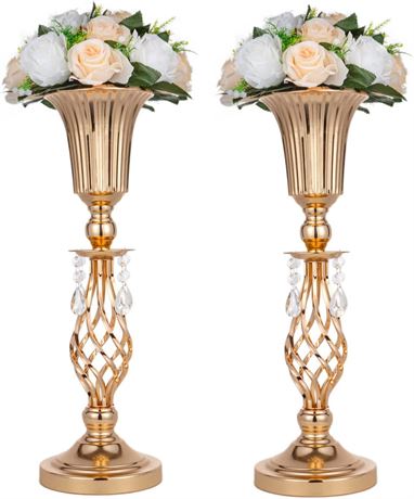 Set of 2 Tall Metal Wedding Centerpieces, Gold Flower Vase Stand,