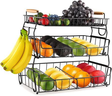 HOUMESO 3-Tier Countertop Fruit Basket Bowl with Banana Holder for Kitchen