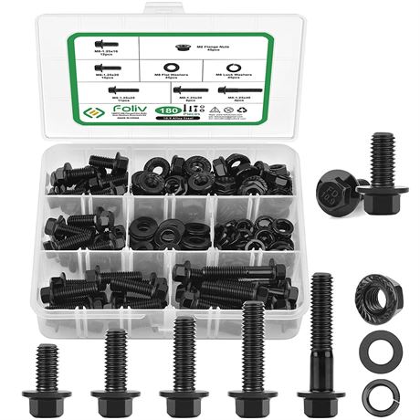 FOLIV M8 x 1.25 Bolt, 180PCS Flange Hex Head Kit, Fully Coarse Thread, Black