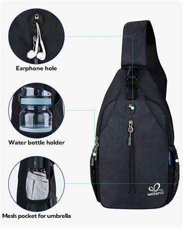 WATERFLY Sports Crossbody Sling Backpack Travel Hiking Chest Bag - Small