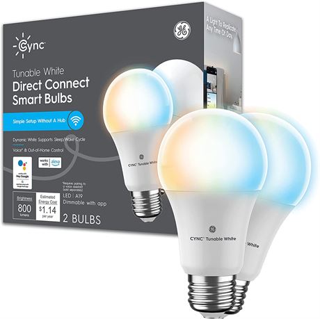 GE CYNC Smart LED Light Bulbs, Tunable White, A19 (2 Pack)