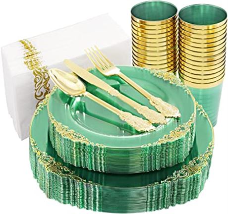 Hioasis 175pcs Clear Green Plastic Plates & Disposable Silverware