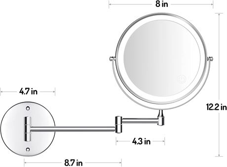 Wall Mounted Lighted Makeup Mirror, 8 Inch LED Vanity Mirror 1X/10X Mag