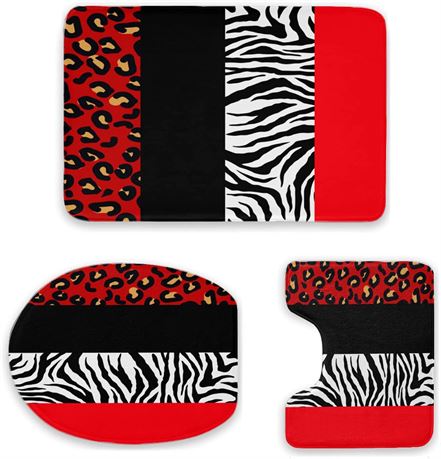 Decorative Red Leopard and Zebra Animal Print 3pcs Bathroom Rugs Set